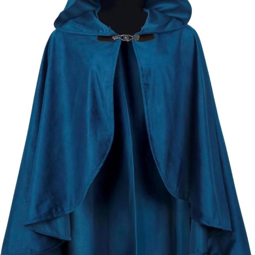 UQJE Medieval Cloak with Hood Blue Faux Velvet Renaissance Costume Cape LARP